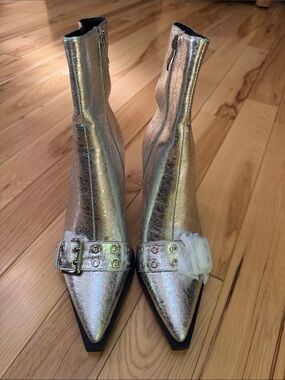 Women's Metallic Silver Pointed Ankle Booties with Buckle Strap